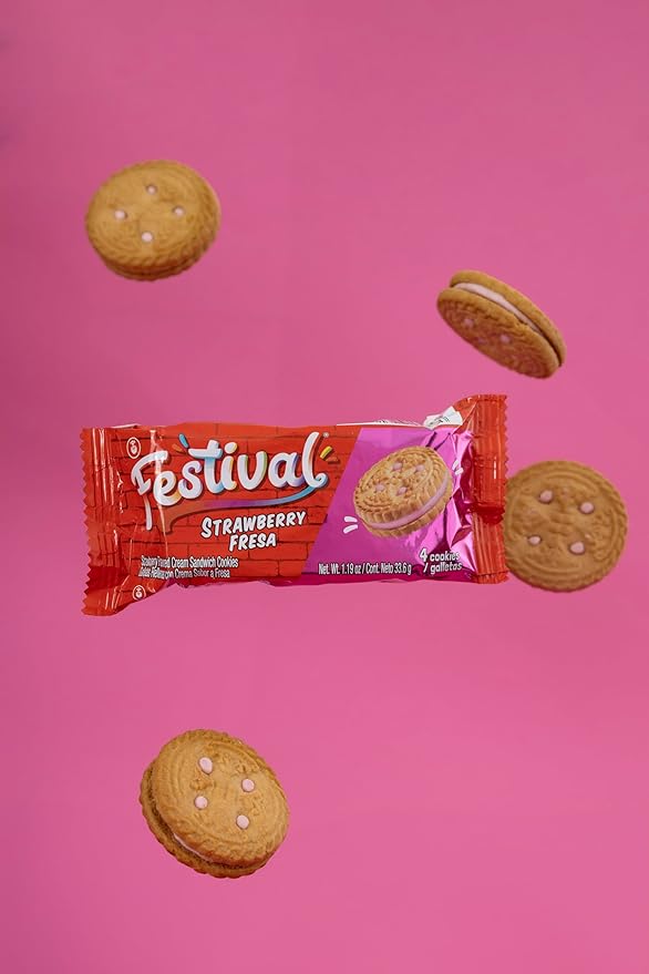 Festival Strawberry Cookies | Cream Strawberry Sandwich Cookies | Natural Dyes & Low Sodium | High Cream Content | 14.6 Oz (Pack of 3)