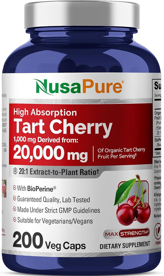 NusaPure Organic Tart Cherry 20:1 Extract, 1000 mg Equivalent to 20,000 mg 200 Veggie Caps (Vegan, Non-GMO) Bioperine