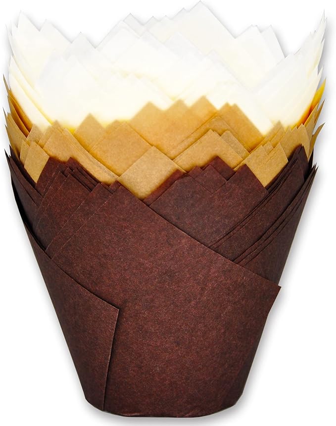 MyBakning (JUMBO EXTRA LARGE size) Natural+Brown+White Tulip Baking Cups 2-1/4"(Base diameter) x 3-3/4"(Wall height) Greaseproof paper baking cupcake Muffin liners, Case of 130 pcs