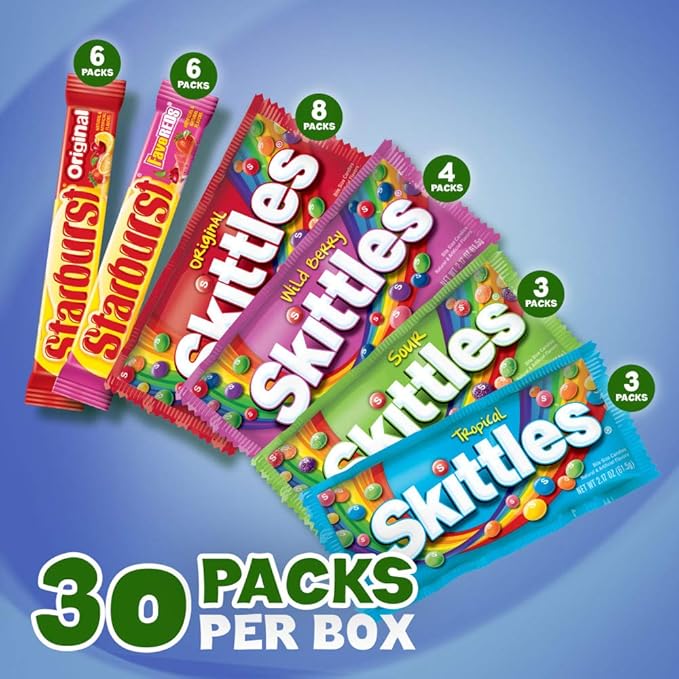 SKITTLES & STARBURST Variety Pack Full Size Chewy Candy Assortment, 62.79 oz, 30 Count (Pack of 2)