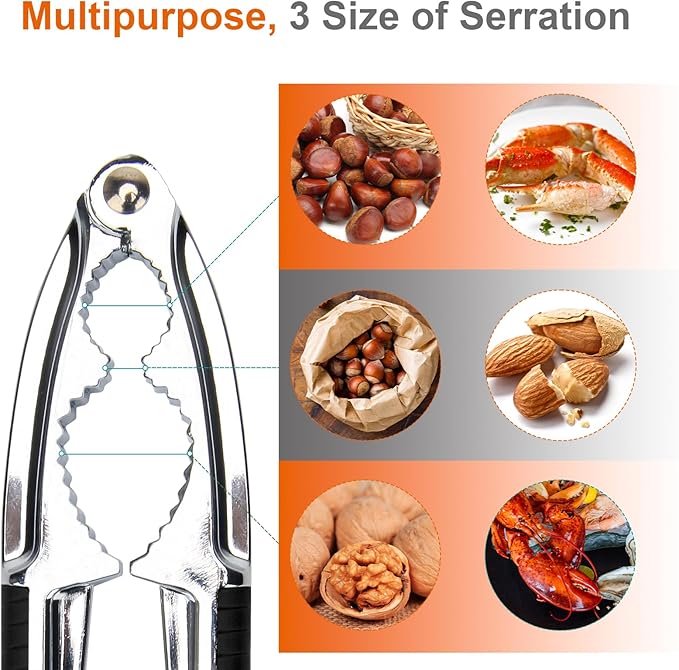 Anglekai Nut Crackers, 8Pcs Multi-Purpose Stainless Steel Seafood Pecan Cracker, Non-slip Handle Walnut Cracking Tools (Black)