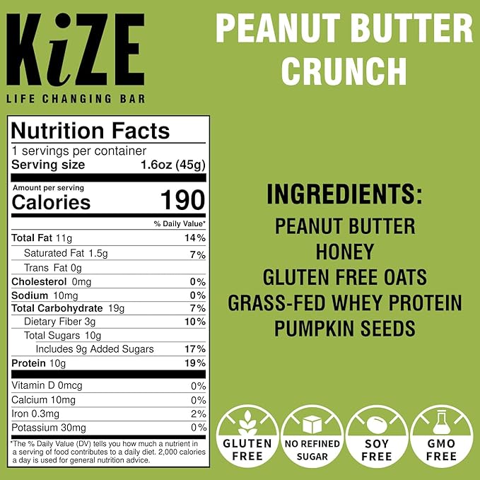 KiZE Energy Bars - Peanut Butter Crunch - Gluten Free, Non-GMO, and High Protein Meal Replacement Energy Bars, Clean and Simple Food Ingredients - 10g High Protein Snacks, (10 Count)