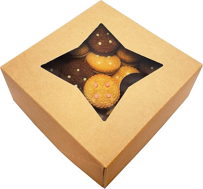 BAKELUV 50 pcs Brown Bakery Boxes with Window 6x6x2.5 Inches Cookie Boxes, Pastry, Treats, Dessert, Small Cake, Brownie, Cupcakes, Chocolate Covered Strawberries | Auto-Popup |