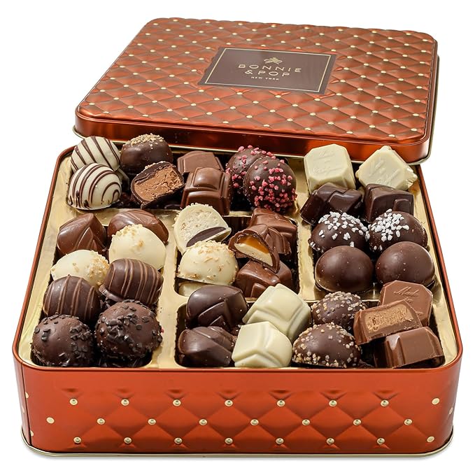 Chocolate Gift Basket– Holiday Candy Gift Box with Assorted Milk, Dark & White Chocolate Truffles – Food Present Idea for Valentines Day, Men, Women, Corporate, Get Well, Sympathy, Birthday- Bonnie & Pop