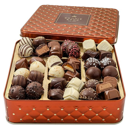 Chocolate Gift Basket– Holiday Candy Gift Box with Assorted Milk, Dark & White Chocolate Truffles – Food Present Idea for Valentines Day, Men, Women, Corporate, Get Well, Sympathy, Birthday- Bonnie & Pop
