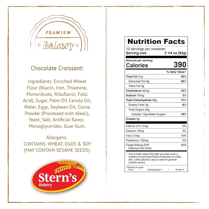 Stern’s Bakery Chocolate Croissant | 3 Oz Breakfast Danish Pastries | 12 Individually Wrapped Pastries | Vending Machine Snacks | Lunchbox Snacks | Dairy Free and Nut Free Pastry | Kosher