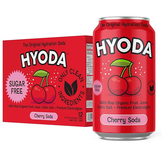 HYODA Cherry Soda, Gluten Free and Vegan Sparkling Electrolyte Drink, Made with Organic Cherry Juice, Celtic Salt, and Calcium, Keto, Zero Sugar, Plant Based, Caffeine Free, 12 FL OZ Cans, 12 Pack