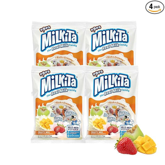 Milkita The Real Milk Candy Lollipop Bag – Low-Sugar, Healthy Sweets with Real Milk for Kids & Adults – Fat Free & Gluten Free Candy with Calcium (Strawberry, Honeydew, Mango - 10 Pcs 4-Pack)