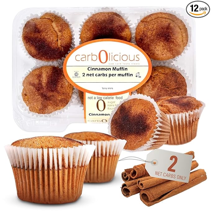 Low Carb Cinnamon Muffins 12 Pcs (2-Pack) by Carb-o-licious – Delicious Keto Mini Muffins with Only 2 Net Carbs, 9g Protein – Sugar Free Cupcake Style Healthy Snack Made, Almond Flour, Low-Carb Treat