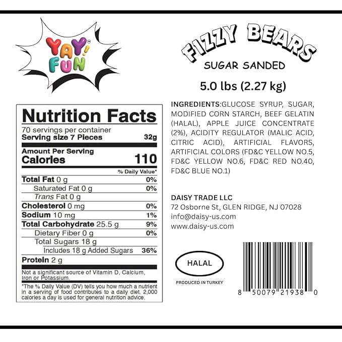 Halal Fizzy Gummy Bears Candy Bulk, 5 pound Bag, Assorted Fruit Flavored Gummies, Gift Snacks, Party Favors, Goodie Bags, Sour Gummy, Colorful Chewy Candy for Parties, Buffets, and Dessert Toppings