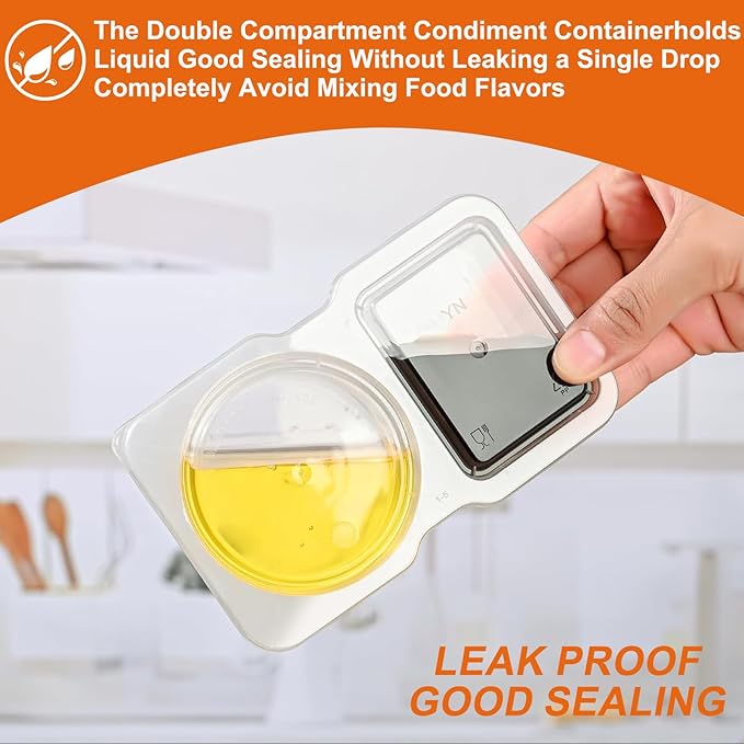 10 Sets Double Compartment Condiment Container, 2 Compartment Snack Containers, Disposable Food Containers with Lids for Sauce Snack, for Travel, Picnic