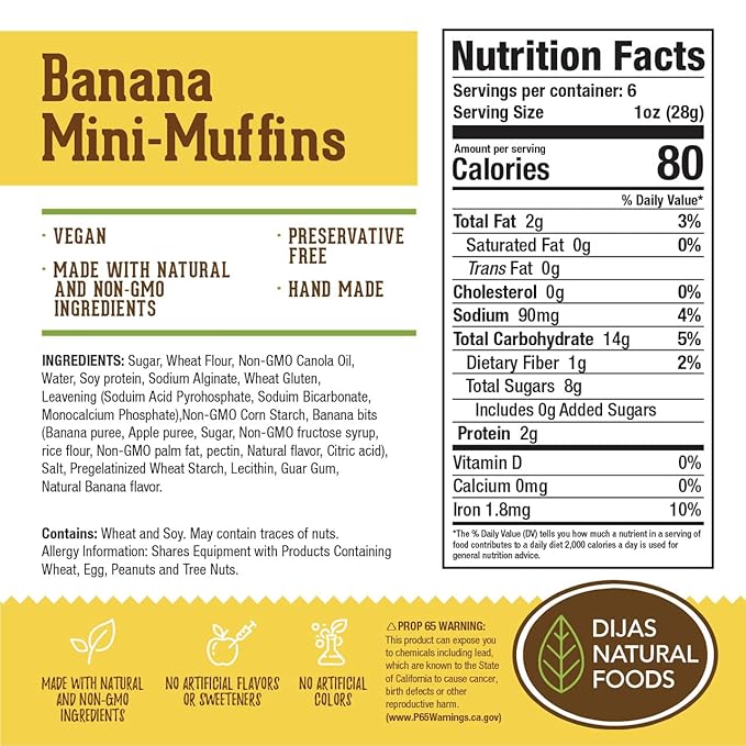 DIJAS Natural Foods Plant-Based 36-Vegan Mini Muffins ONLY $0.97-oz! Natural and Preservative Free Ingredients, Delicious Snack and Breakfast (36 Muffins) (Banana)