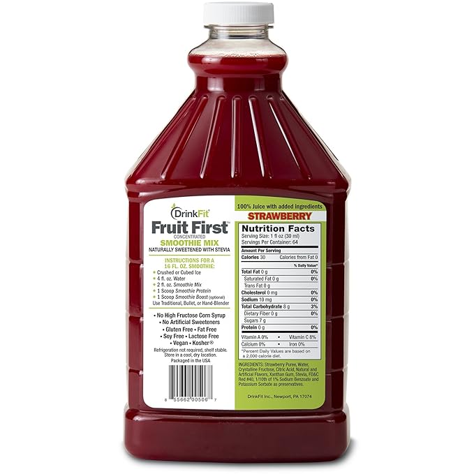 DrinkFit Fruit Smoothie | Real Fruit Puree, Low Sugar, Gluten-Free & Non-GMO, Strawberry Smoothie Mix - Makes 32 Smoothies, 64 Fl Oz (Strawberry)