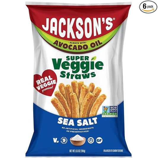 Jackson’s Super Veggie Straws (Sea Salt, 6.5 oz, Pack of 6) – Gluten Free, Vegan, Snacks for Kids & Adults – Made with Premium Avocado Oil – Allergen-friendly, Veggie Straws Individual Bags
