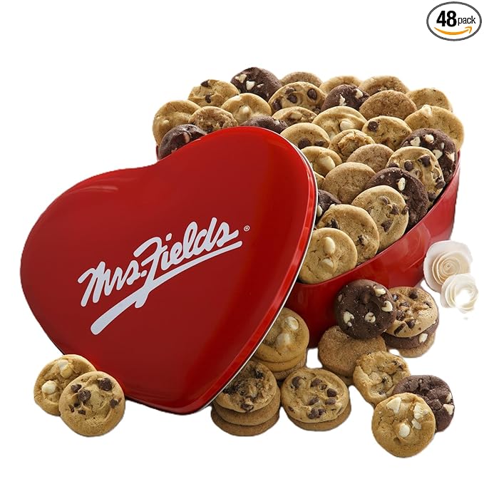 Mrs. Fields 48 Nibblers Bite-Sized Cookies Signature Heart Tin - Assorted with 48 Nibblers Cookies in our 5 Classic Cookie Flavors