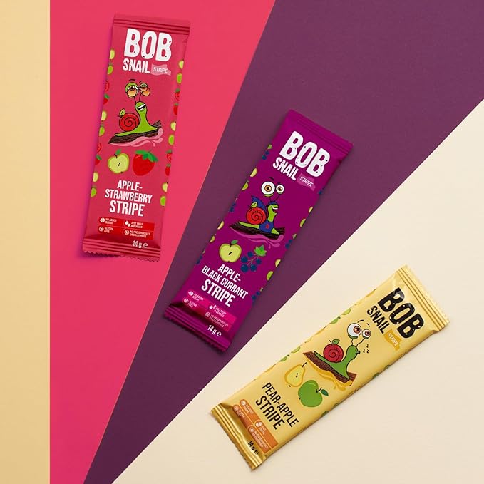 BOB SNAIL Healthy Fruit Snacks for Kids and Adults–30 Fruit Leather Snacks with Apple-Pear, Strawberry, Black Currant–Vegan Low-Carb Variety Pack Strips for Kids–Sugar Free Jerky Bars