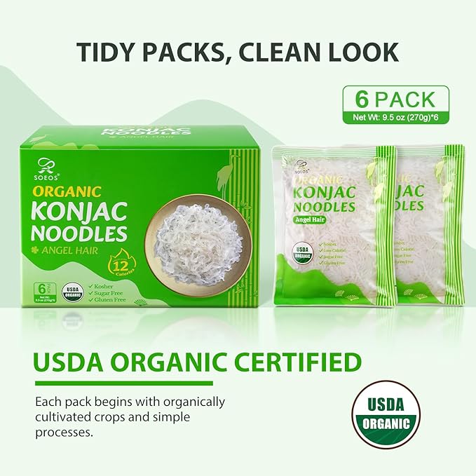 Soeos Organic Konjac Noodles, Angel Hair Pasta, 8.8 oz (250g)*6 Pack, Low Calorie, Low Carb, Keto and Paleo Friendly Shirataki Noodle, Gluten-Free, Fat Free, Sugar Free, Vegan