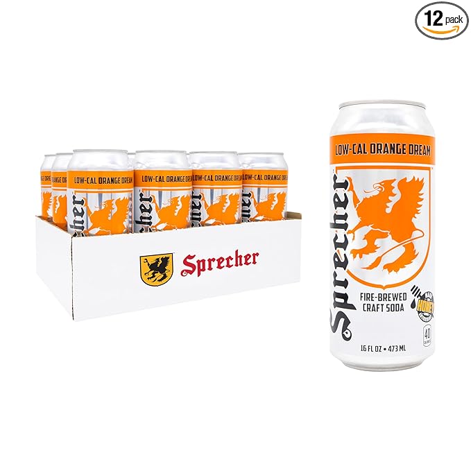 Sprecher Low-Cal Orange Dream Soda 16 fl oz Cans (12 Pack), Fire-Brewed Diet Soda with Real Honey, Handcrafted Orange Soda, Reduced Calorie, Caffeine-Free Gourmet Beverage