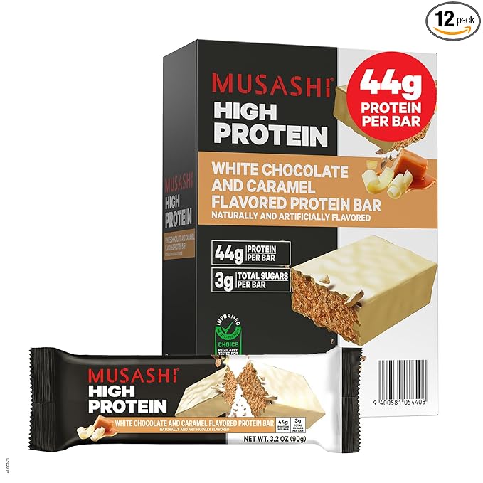 MUSASHI High Protein Bar, 45g Protein, 2g Total Sugars, White Chocolate Caramel, Post Workout and Protein Snack On The Go, 12 Pack of 3.2oz (90g) Bars