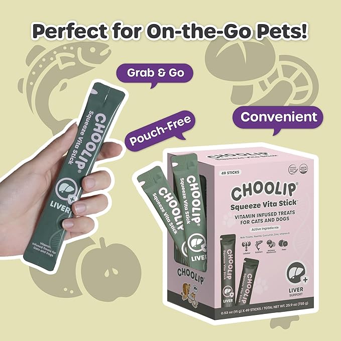 Choolip Squeeze Vita Stick Lickable Cat and Dog Treats, 49-Count Liver Support Variety Pack, Chicken and Tuna with Milk Thistle, CoQ10 and Vitamin E