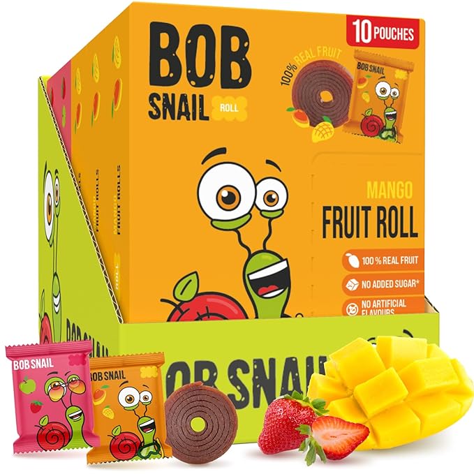 Bob Snail Fruit Roll Ups – 50 Natural Fruit Snacks (Mango & Strawberry), Vegan, No Added Sugar, Healthy On-the-Go Pack, 500g