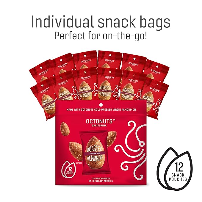 Octonuts Korean BBQ Almonds – 12 Individually Wrapped Snack Packs (1oz Each), Healthy Snacks for Adults and Kids, Non-GMO, Keto and Gluten-Free, Roasted in Cold Pressed Olive Oil