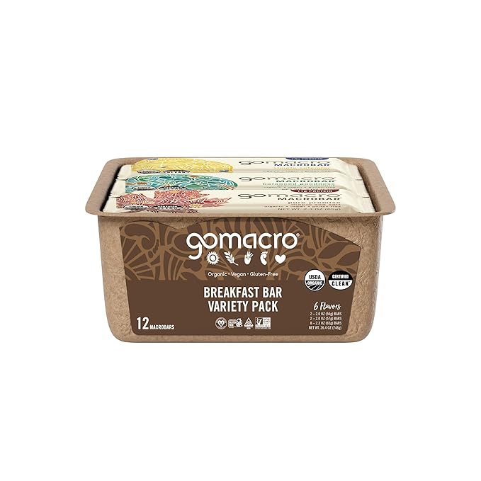 GoMacro Macrobar Organic Vegan Protein Bars, Breakfast Variety Pack, 12 Count