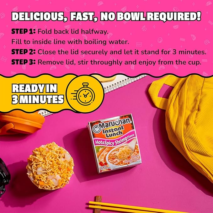 Maruchan Instant Lunch Ramen Noodles, Hot & Spicy Shrimp Flavor – Japanese-Style Instant Noodle Soup, Quick & Easy Meal – 2.25 Oz Cup, Pack of 12