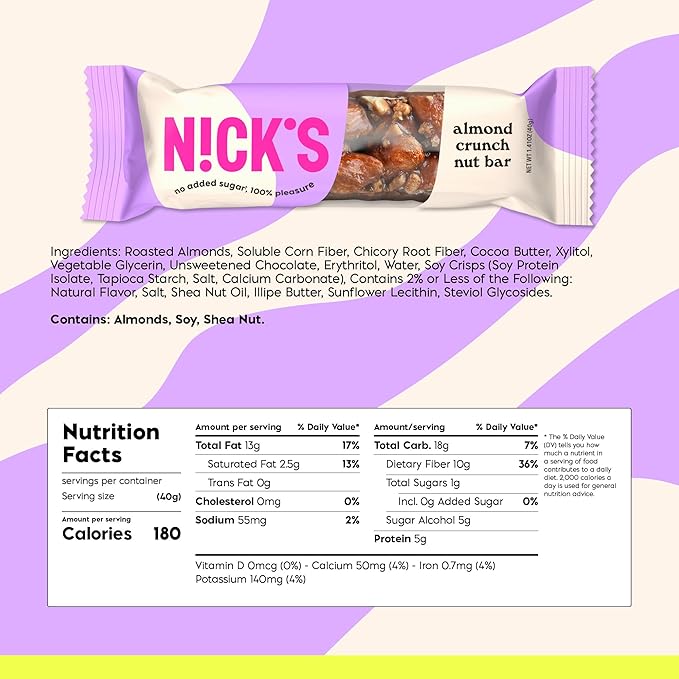 NICKS Keto Nut Bar Almond Chocolate Snack Bar, Low Carb Snacking for Sports, Hiking, Gaming, Outdoor Activities, 1G sugar, 3G net carbs, healthy snack (pack of 30) 40.0 grams
