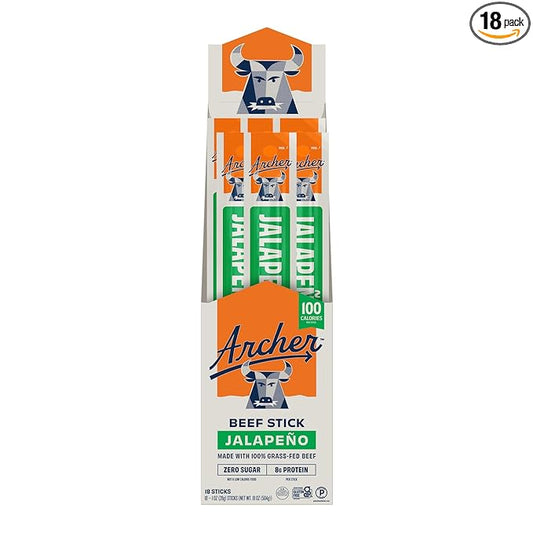 Archer Jerky Beef Jerky Sticks Jalapeno - Grass Fed Beef Sticks Individually Wrapped, Bulk, Protein Snack Packs, Gluten Free, Paleo, Keto, Sugar Free - 1 oz Each (Pack of 18)