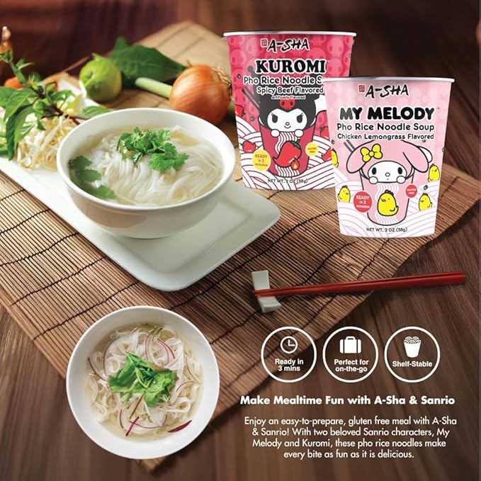 A-SHA My Melody Pho Cup Rice Noodle (6 Cups), Chicken Lemongrass Flavor, Vegetarian, Gluten-Free, Premium Microwavable Rice Noodle Soup, No MSG, Authentic Flavor