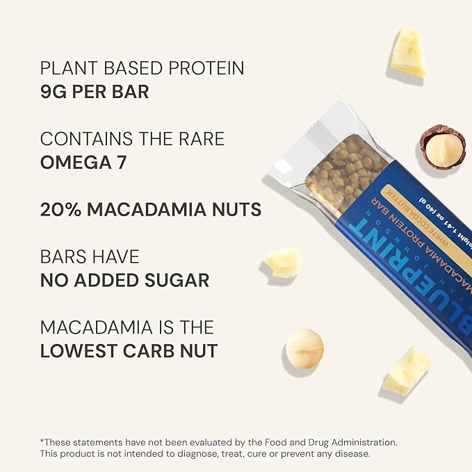 Blueprint Bryan Johnson Macadamia Nut Protein Bars – 9G Plant Protein – Vegan, Low Carb, Low Sugar, Keto-Friendly Snacks - Non-GMO, Raw Nut Bar, Natural Ingredients (White Cocoa - 12 Pack)