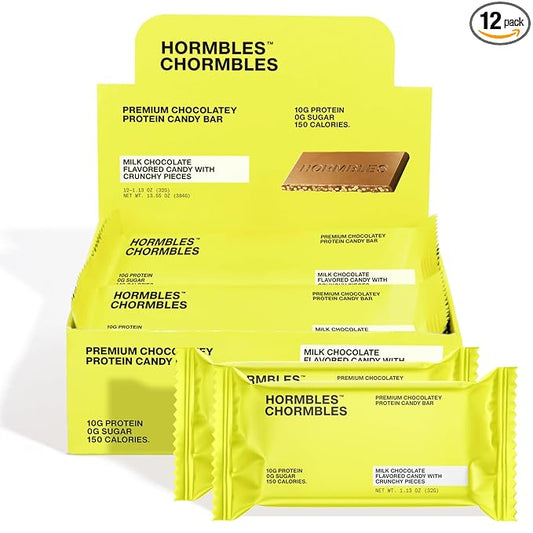 Hormbles Chormbles Protein Candy Bars, Classic Milk, 10g Protein, 0g Sugar, 150 Calories, Milk Chocolate Candy With Crunchy Pieces, Sugar Free Snacks or Dessert, 1.13 Oz, 12 Pack