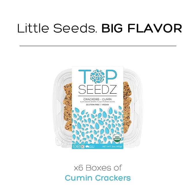 Top Seedz Certified Organic Gluten Free Cumin Seed Crackers | 6-Pack | 5 Ounces | Healthy Vegan Crackers with Plant Based Protein | Made of Sunflower, Flax, Sesame and Pumpkin Seed