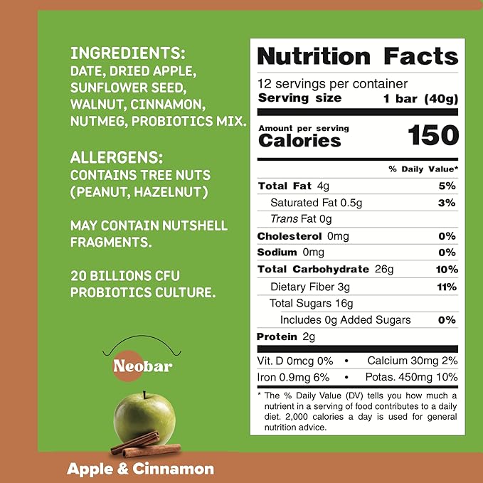 NEOBAR Fruit and Nut Bars - Plant-Based Vegan Snack Bars, Gluten Free Dairy Free Snacks, No Added Sugar, Probiotic, No Preservatives, Non-GMO | Apple & Cinnamon,12 Count