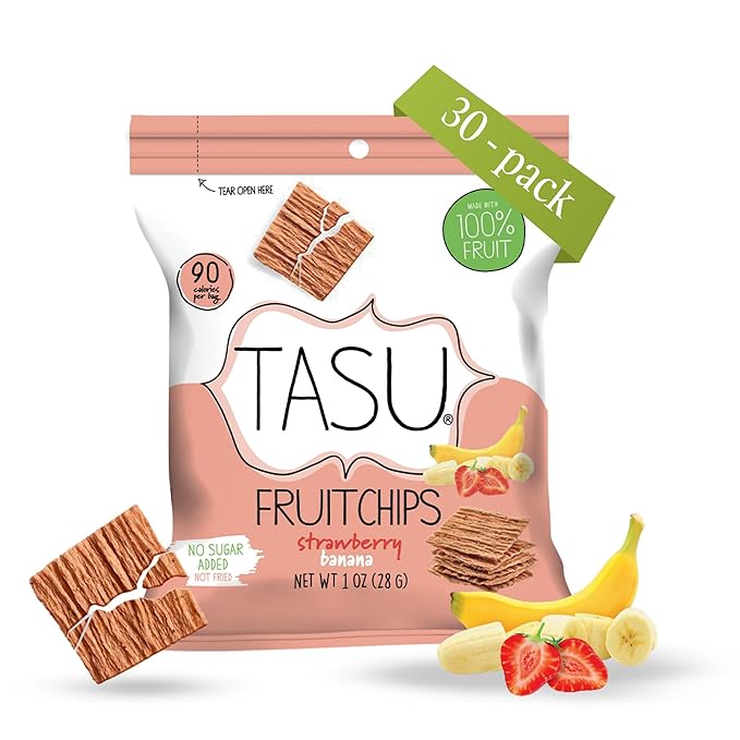 TASU Strawberry Banana Dried Fruit Chips - 100% Natural, Crispy, Crunchy, and Allergen-Free Healthy Snacks for Kids & Adults, Vegan, Gluten-Free, No Added Sugar, No Oils Added, Perfect for Lunch Bags and On-the-Go Snacks | 30 Pack (1 Oz Each)