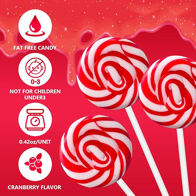 32 Pack Cranberry Red Twisty & Swirl Lollipops, Valentine's Day Swirl Lollipop Candies Individually Wrapped Bulk, Red Candy Lollipops Suckers for Birthday & Candy Buffet