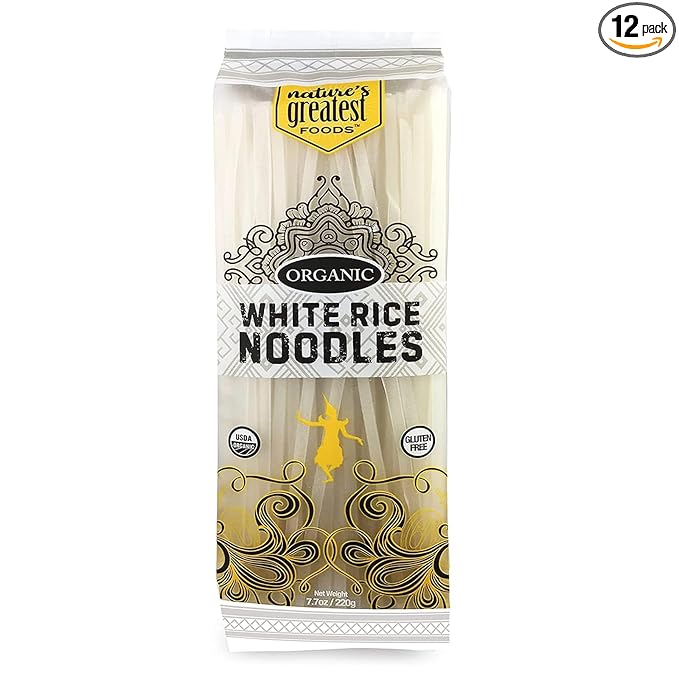 Nature's Greatest Foods Organic White Rice Noodles, 7.7 oz (220 g) – Vegan, Gluten-Free, Non-GMO, Medium Thickness, Quick Cook Time (12 Pack, White)