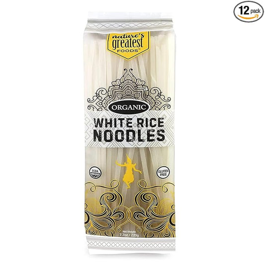 Nature's Greatest Foods Organic White Rice Noodles, 7.7 oz (220 g) – Vegan, Gluten-Free, Non-GMO, Medium Thickness, Quick Cook Time (12 Pack, White)