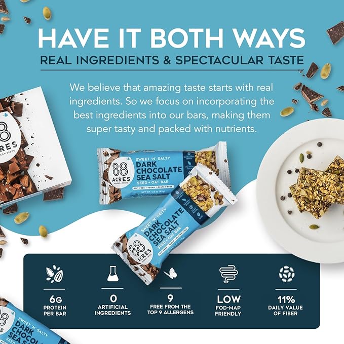 88 Acres Granola Bars | Gluten Free, Nut-Free Oat and Seed Snack Bar | Vegan & Non GMO | 6 Pack (Dark Chocolate Sea Salt))