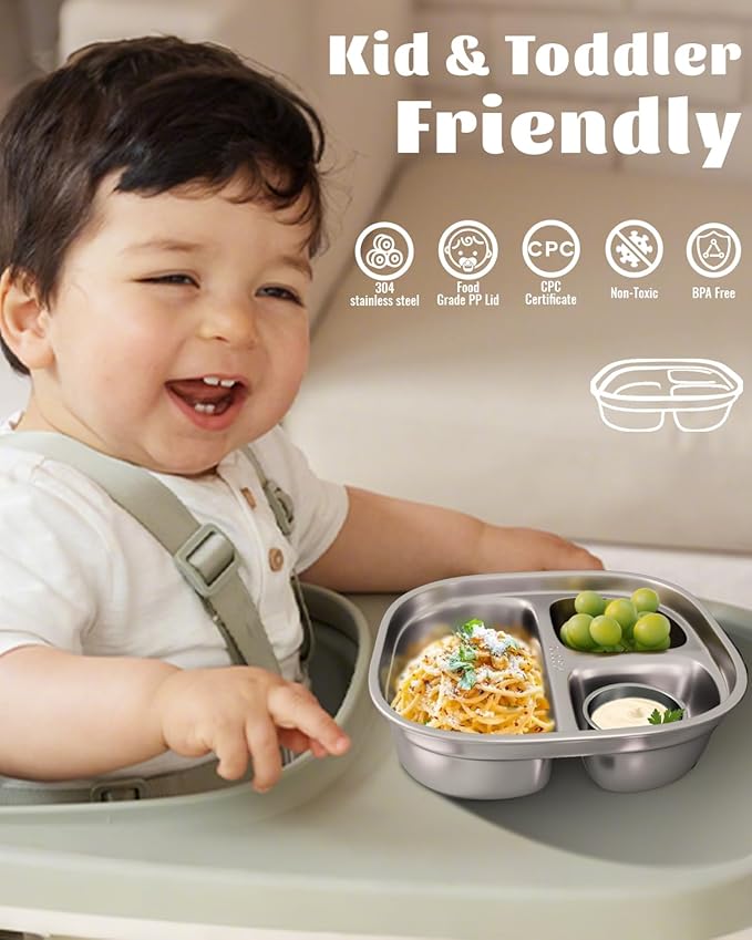 Stainless Steel Divided Plate for Kids Toddler, Non Toxic Portion Control Plate Dinner Plate with Lid for Adults Weight Loss, 4 Pack 3 Sections Square Snack Plate Tray