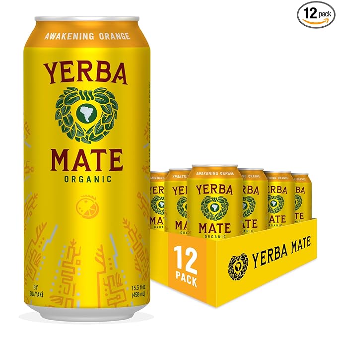 Yerba Madre Organic Yerba Mate, Awakening Orange, 150mg Natural Caffeine, Energy Drink Alternative, No Jitters or Crash, 15.5 Oz Cans (Pack of 12)