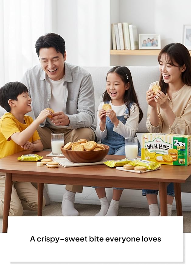 Korean Food CW Banana Sandwich Cookies, Sweet Banana Cream Biscuits, 1+1 Family Pack (6 Packs x 2, 12 Packs Total, 360g / 12.7 oz Total), Crispy Korean Snack