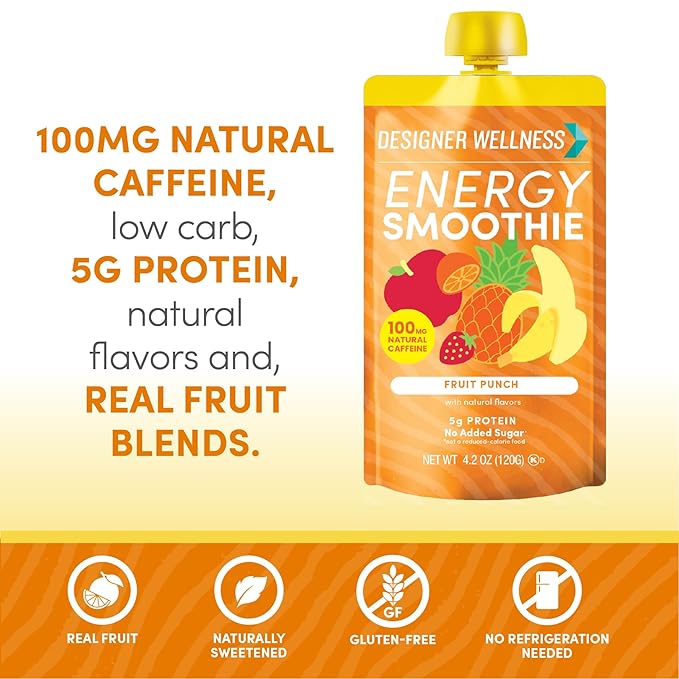 Designer Wellness Energy Smoothie, Real Fruit, 100mg Natural Caffeine, 5g Protein, Low Carb, Zero Added Sugar, Gluten-Free, Fruit Punch, 12 Count