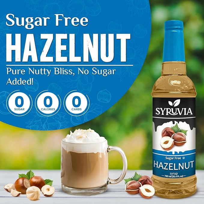 Syruvia Sugar Free Coffee Syrup, Hazelnut Flavored Syrup for Drinks, Lattes, and Desserts – 25.4 fl oz