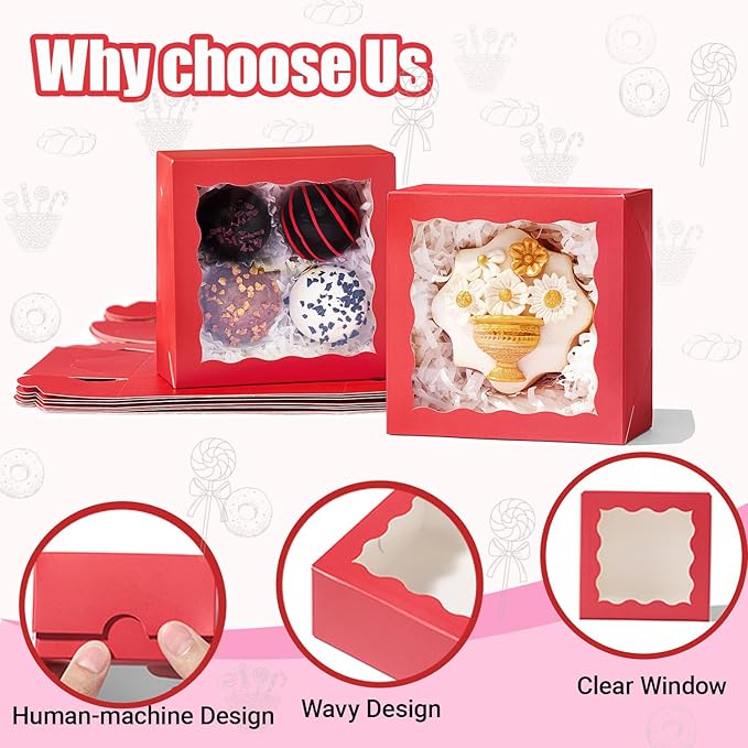 JCXGRVC 100PCS 4x4x2 inches Classic Red Bakery Boxes with Window - Macaron Cookie Chocolate Truffle Strawberry & Mini Cake Gift Boxes for Parties Valentine's Birthdays Wedding Christmas Favors