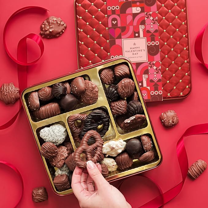 Valentines Day Chocolate Gift Basket, Food Gifts Arrangement Platter, Gourmet Snack Box, For Her, Wife, Spouse, Girlfriend, Romatic, Lover, Mom- Bonnie & Pop