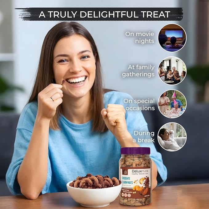 DELUXNUTS Premium Roasted Chocolate Covered Cashew Crunch 21oz | Cocoa Dusted & Chocolate Cashews Gift, Whole Cashew Nuts Snack Mix, Healthy Gourmet Snack for Adults, High Protein, Gluten-Free, Premium Holiday Gift Idea