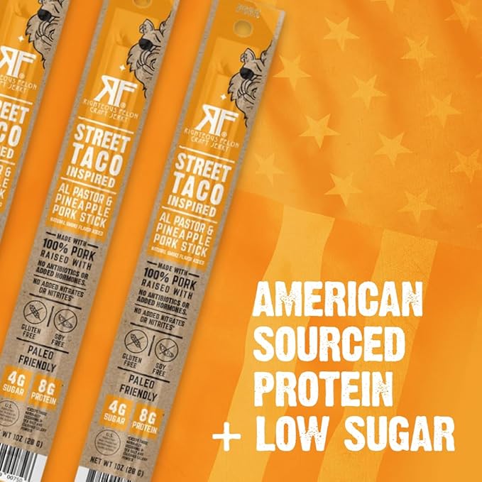 Righteous Felon Meat Sticks | 100% Pork Sticks | Keto, Gluten-Free, Low Sugar, High Protein Healthy Snacks | Valentines Day Jerky Gifts for Men | Street Taco Pork Sticks, 24 Count