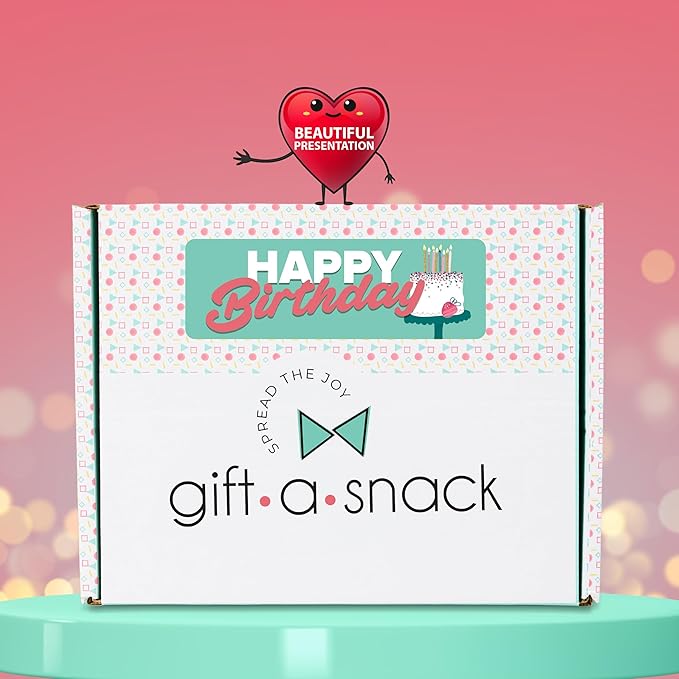 Gift A Snack - Happy Birthday Snack Box Variety Pack Care Package + Greeting Card (45 Count) Bday Sweet Treats Gift Basket, Candies Chips Crackers Bars - Office Food Assortments